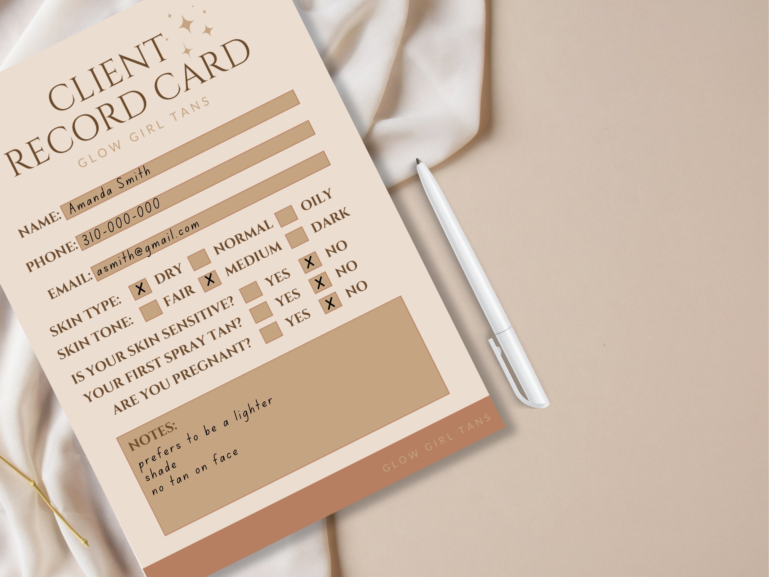 Spray Tanning Client Record Card 5x7 Spray Tan Artist Editable ...