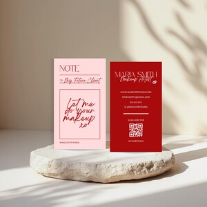 Makeup artist business card template mockup showing front and back design, elegant neutral tones, editable Canva MUA business card with QR code, instant digital download