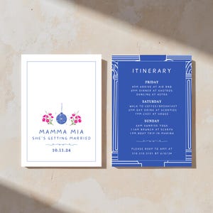 d'invitation sur le thème de maman Mia Grèce | Designs minimalistes d'invitations à un enterrement de vie de jeune fille | Bleu et blanc | Modèle modifiable | 5 x 7 po.