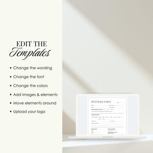 Op de afbeelding: Een laptop toont een sjabloon voor een "ITEM INTAKE FORM". Tekst aan de linkerkant zegt "EDIT THE Templates", met opties om bewoordingen, lettertype, kleuren te wijzigen, afbeeldingen toe te voegen, elementen te verplaatsen en een logo te uploaden. Zachte witte achtergrond.