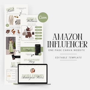 Może przedstawiać: Szablon Canva do jednostronicowej witryny internetowej influencera Amazon. Szablon zawiera zielono-białą kolorystykę z tekstem "Amazon Influencer One Page Canva Website Editable Template". Szablon zawiera sekcje poświęcone modowym znaleziskom, fitnessowi i zdrowiu oraz rekomendacjom Amazon.