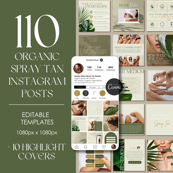 Spray Tan Business Instagram Posts | 110 Editable Templates | Sustainable Beauty Branding | Organic Spray Tan | Pre-Made Social Media Posts