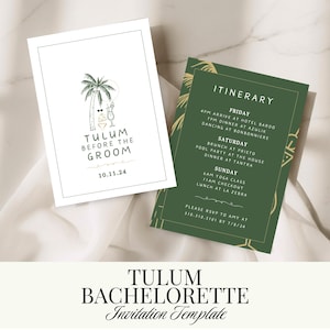Mall för inbjudan till möhippa i Tulum med temat "Before the Groom" | Utskrivbar möhippainbjudan och resplan | Redigerbara mallar