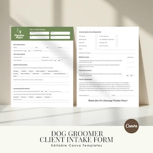 May include: A two-page pet intake form for Pristine Paws with a green header. The document includes sections for pet information, vet details, health history, grooming services, matted coat policies, photo permissions, and an owner agreement.