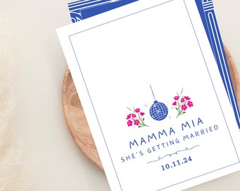 Mamma Mia Greece Themed Bachelorette Party Invitation | Editable Template | Minimal Invitation Designs | Blue & White | 5x7"