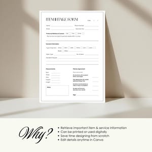 Op de afbeelding: Een wit item intake formulier met secties voor naam, contact, kledinginformatie en afmetingen. Het formulier bevat de tekst "ITEM INTAKE FORM" bovenaan en het woord "Why?" onderaan, samen met opsommingstekens.