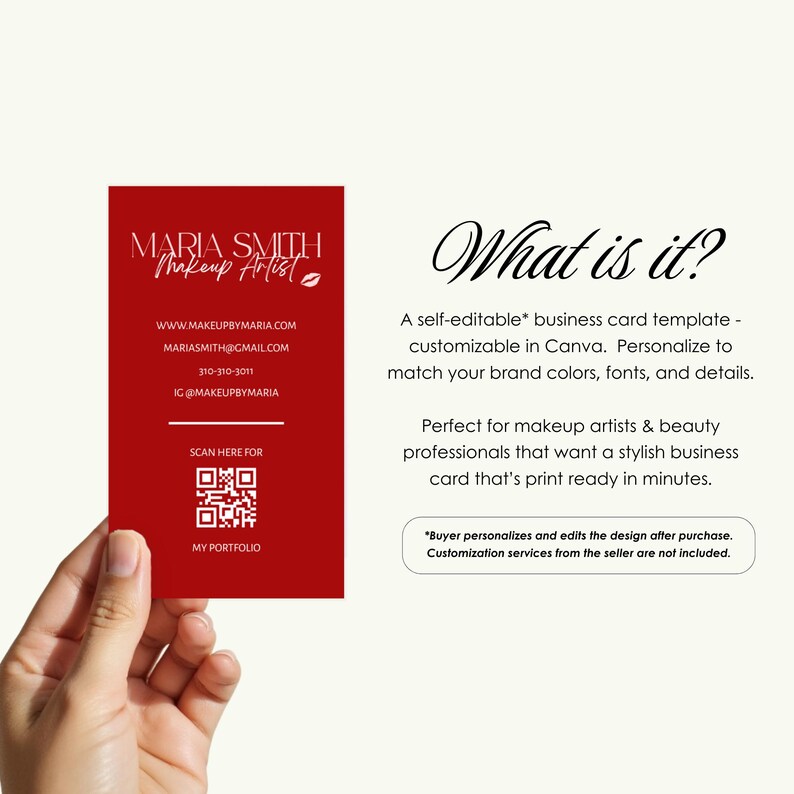 Może przedstawiać: Czerwona wizyt&oacute;wka trzymana w dłoni, z tekstem "MARIA SMITH Makeup Artist" i danymi kontaktowymi. Zawiera kod QR do portfolio oraz słowa "What is it?" i opis karty.
