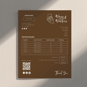 Diseño de factura de paseo de perros / Factura de cuidado de mascotas / Servicio de paseo de perros / Factura de guardería canina / Plantillas editables / Membrete de EE. UU. y A4