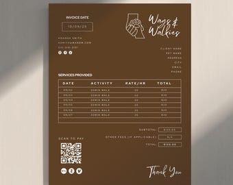 Progettazione di fatture per passeggiate con il cane / Fatture per servizi di pet sitting / Fatture per servizi di passeggiate con il cane / Fatture per servizi di asilo nido per cani / Modelli modificabili / Carta intestata USA e formato A4