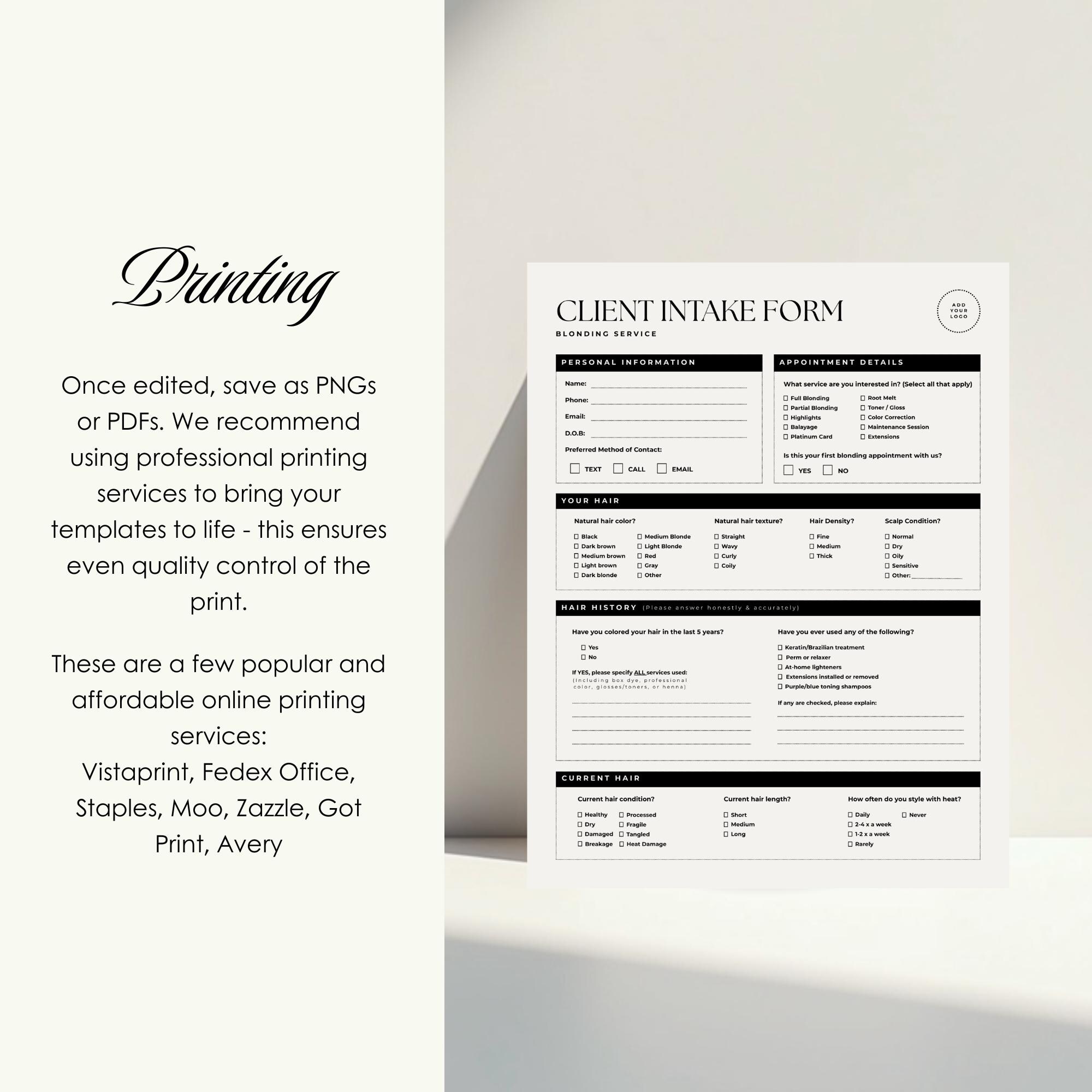 Blonding Service Hair Salon Client Intake Form Template | Printable ...