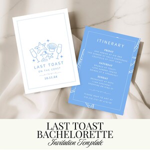 Einladungsvorlage für den Junggesellinnenabschied „Last Toast on the Coast“ | Druckbare Einladung & Programm | Bearbeitbare Vorlagen