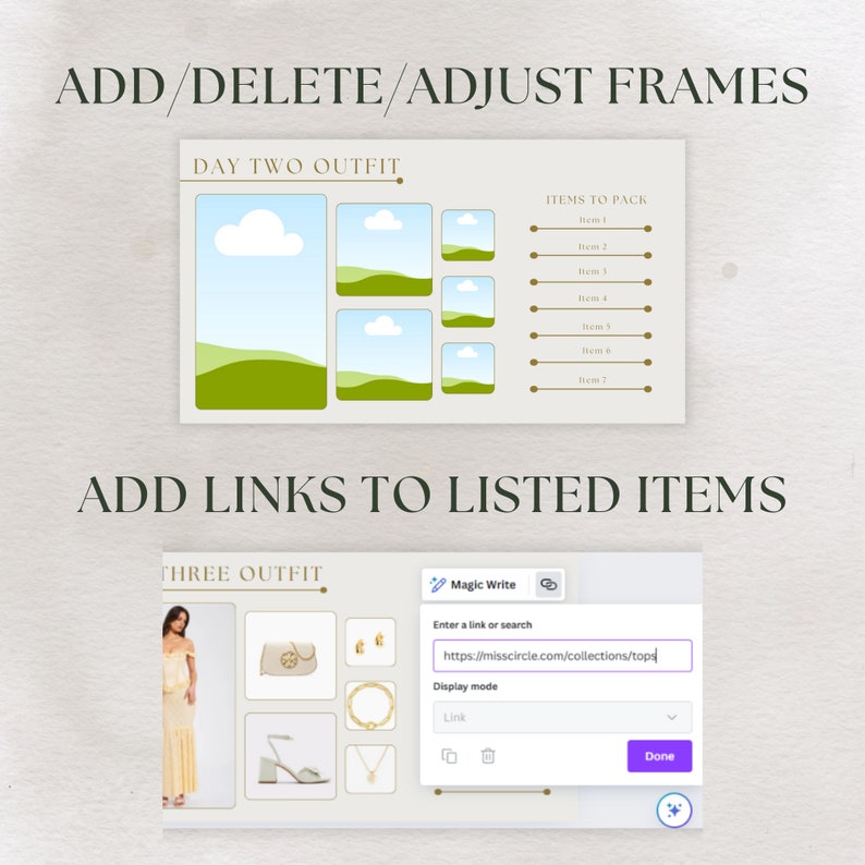 May include: A digital planner page with a section titled "Day Two Outfit" and a section titled "Items to Pack". The "Day Two Outfit" section has a graphic of a green hill with a white cloud. The "Items to Pack" section has a list of items to pack. The page also has a section titled "Three Outfit" with a graphic of a woman wearing a yellow dress, a white handbag, gold earrings, a gold bracelet, white heels, and a gold necklace. The page also has a pop-up window with the text "Magic Write" and a text box with the URL "https://misscircle.com/collections/tops".