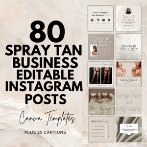 80 post Instagram di abbronzatura spray, bundle di modelli di social media con toni neutri, infografiche + didascalie di abbronzatura spray estetica, feed coeso