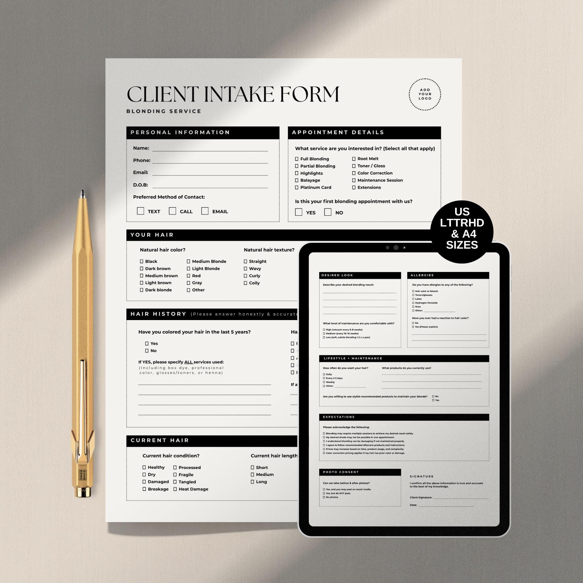 Blonding Service Hair Salon Client Intake Form Template | Printable ...