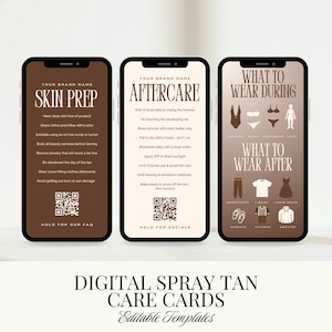 Cyfrowe karty do pielęgnacji po opalaniu natryskowym | Teksty do wizyt w salonach kosmetycznych | Karty do obsługi klienta | Edytowalne szablony Canva