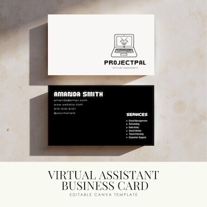 Pode incluir: Um cartão de visita branco com um ícone de portátil com um aperto de mão e o texto PROJECTPAL Virtual Assistant. Abaixo, um cartão preto apresenta o nome AMANDA SMITH, detalhes de contacto e uma lista de serviços.