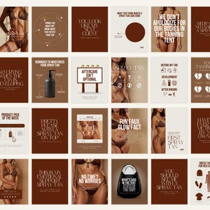 May include: A collage of marketing materials for spray tanning services. The images feature text, product shots, and models. The color palette is primarily brown and white, with some images showcasing the spray tan results.