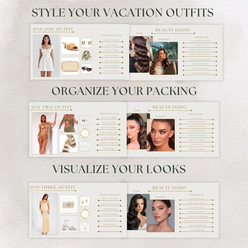 May include: A visual guide to styling vacation outfits with three different outfit ideas, each with a corresponding beauty inspiration section. The outfits include a white dress, a bikini with a cover-up, and a yellow dress. The beauty inspiration sections feature hairstyles, makeup looks, and product recommendations.