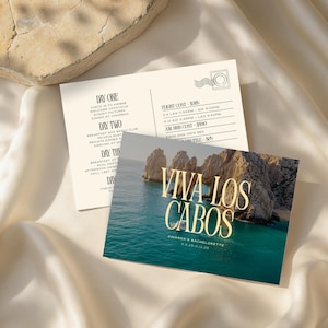 Postcard Style Bachelorette Invitation Design | Cabo Bachelorette Invitation | Los Cabo Bachelorette Itinerary | Editable Template | 5x7&quot;
