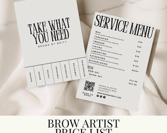 Brow Artist Price List Template | Printable Beauty Business Service Menu | Esthetician Pricing | Editable Templates