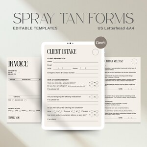 Lot de formulaires commerciaux bronzage en aérosol | Formulaires d'admission des clients | Formulaires de décharge photo | Rendez-vous de bronzage en spray | Lettre US et A4 | Modèles modifiables