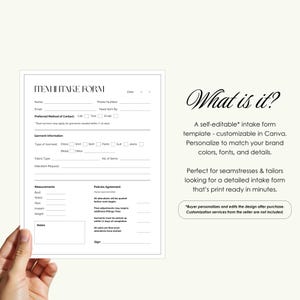 Op de afbeelding: Een wit intakeformulier met secties voor klantgegevens, kledingdetails en maten. Het formulier bevat de tekst "ITEM INTAKE FORM" en "What is it?" in een decoratief lettertype. Ideaal voor kleermakers en kleermakers.