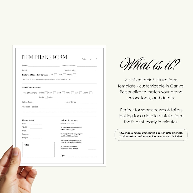Op de afbeelding: Een wit intakeformulier met secties voor klantgegevens, kledingdetails en maten. Het formulier bevat de tekst "ITEM INTAKE FORM" en "What is it?" in een decoratief lettertype. Ideaal voor kleermakers en kleermakers.