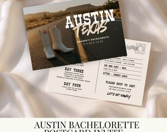 Austin Bachelorette Invitation Template | Printable Bachelorette Invite & Itinerary | Postcard Design | Editable Templates