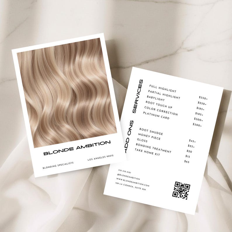May include: Two white cards with the text "BLONDE AMBITION" and a list of hair services. One card features a close-up of wavy blonde hair. The other card lists services like full highlight, babylight, and root touch-up.