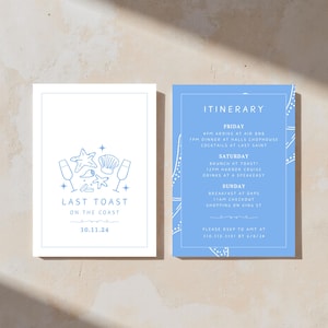 Last Toast on the Coast Bachelorette Party Invitation | Minimal Bachelorette Invitation Designs | Blue & White | Editable Template | 5x7&quot;