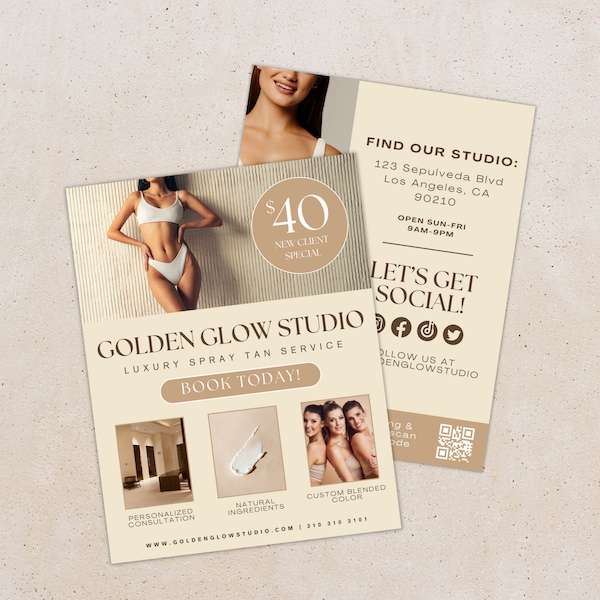 Spray Tan Business Flyer | Neutral Spray Tan Brochure | Beauty Business Promotional Flyer | Editable Template | US Letterhead Front & Back |