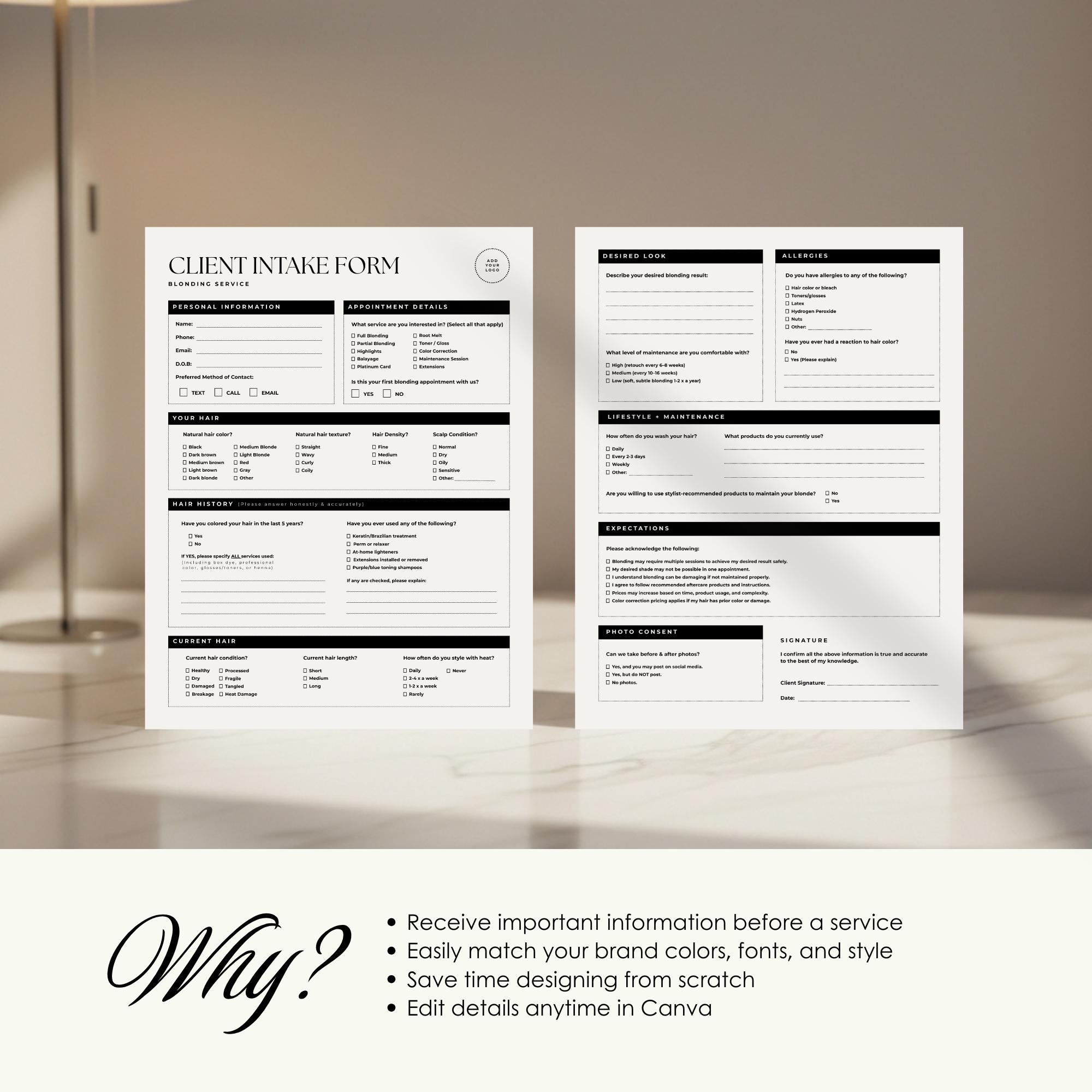 Blonding Service Hair Salon Client Intake Form Template | Printable ...