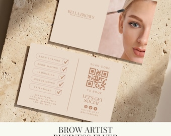 May include: A business flyer for a brow artist, featuring a woman's face and a list of services: brow shaping, waxing, lamination, microblading, and extensions. The flyer includes a QR code and social media handles. The color scheme is beige and brown.