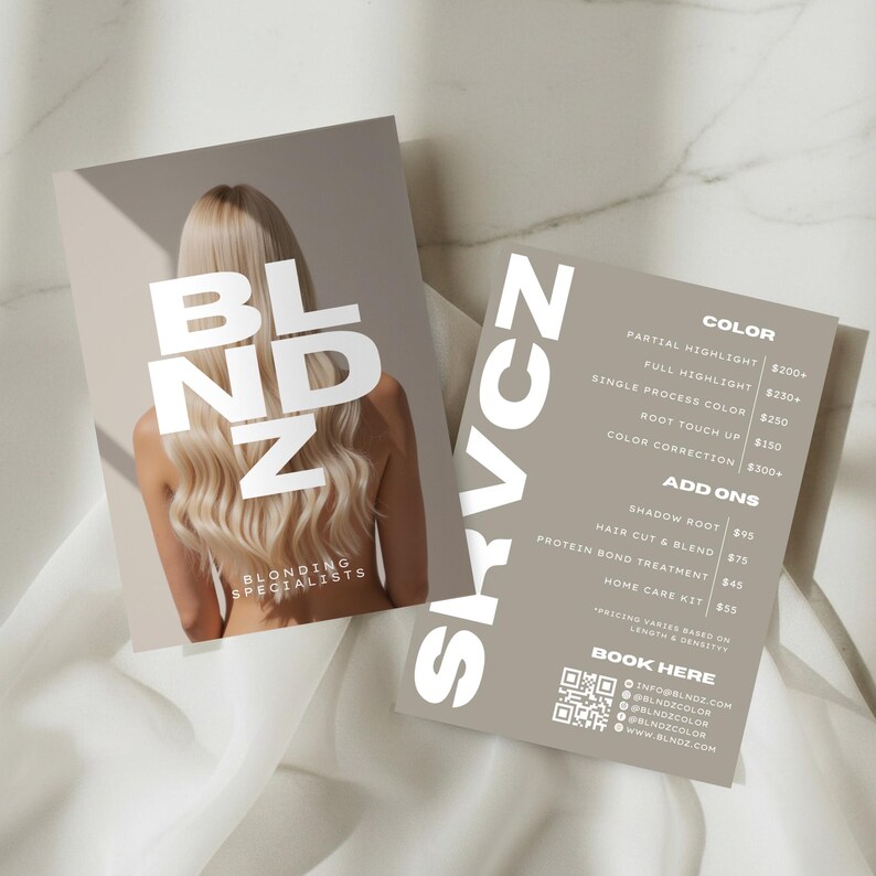 Blonding Specialist Price List & Service Menu | Salon Pricing Menu | Editable 5x7 Template