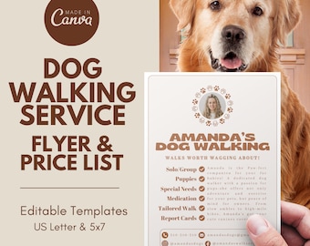 Volantino per attività di dog walking / Listino prezzi per dog walker / Servizio professionale di dog walking / Modelli modificabili / Formato lettera USA + 5x7"