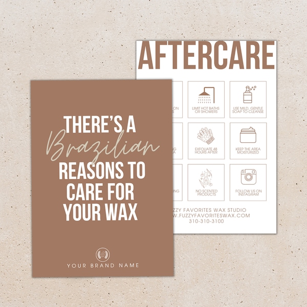 Brazilian Wax Aftercare Card Design | Editable Template | Brown & White | 5x7" | Luxury Wax Service | Wax Specialist | Salon Rack Cards