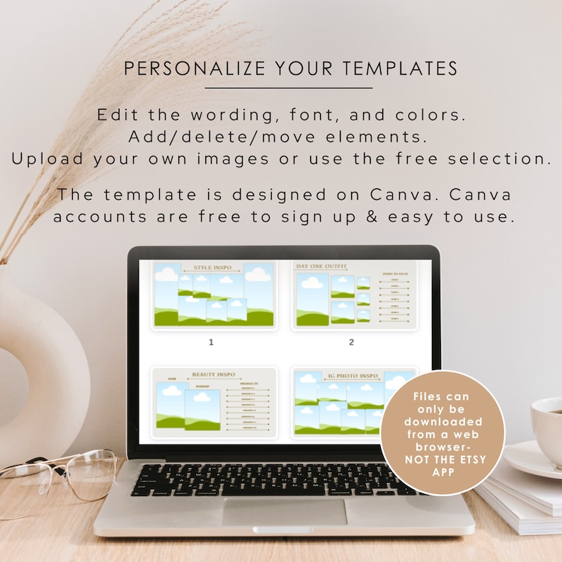 May include: A laptop screen displaying four Canva templates with a green and blue landscape design. The templates are titled "Style Inspo", "Day One Outfit", "Beauty Inspo", and "IG Photo Inspo". The text "Files can only be downloaded from a web browser - NOT THE ETSY APP" is displayed on the right side of the screen.
