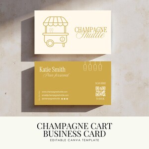 May include: Two rectangular business cards featuring a gold and cream color scheme. The top card displays a gold line-art champagne cart icon and the text Champagne Shuttle. The bottom card includes the name Katie Smith, contact details, and a QR code.