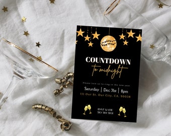 New Year's Eve Party Invitation Design | 'Countdown to Midnight Invite | Editable Template| Happy New Year Party Invitation | Black & Gold