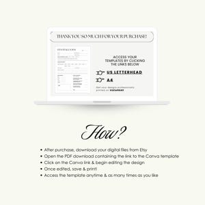 Op de afbeelding: Een laptopscherm toont een digitale sjabloon met de tekst "THANK YOU SO MUCH FOR YOUR PURCHASE!". Het scherm toont een formulier en instructies over hoe u de sjabloon kunt openen en bewerken. De tekst bevat "US LETTERHEAD" en "A4".
