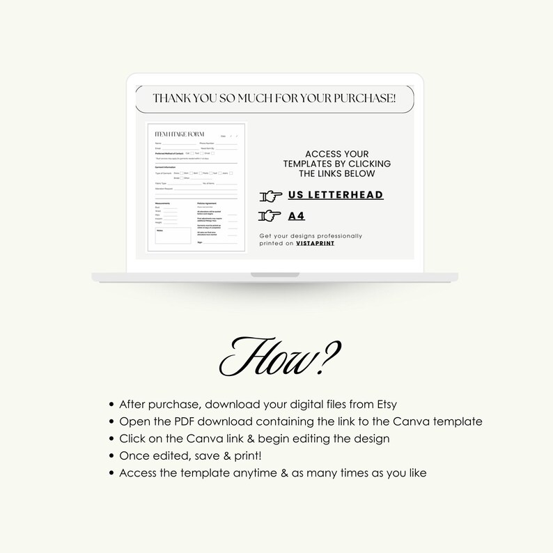 Op de afbeelding: Een laptopscherm toont een digitale sjabloon met de tekst "THANK YOU SO MUCH FOR YOUR PURCHASE!". Het scherm toont een formulier en instructies over hoe u de sjabloon kunt openen en bewerken. De tekst bevat "US LETTERHEAD" en "A4".