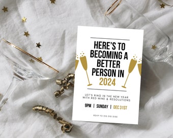 Funny New Year's Eve Party Invitation | NYE Invite | Black & Gold Invitation Design | Editable Template | 5x7"