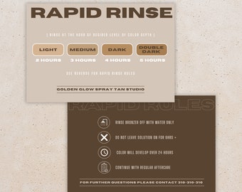 Rapid Rinse Spray Tan Aftercare Card | Express Spray Tan Card | Client Care Card | Neutral Aesthetic | Editable Template | 4 x6 "