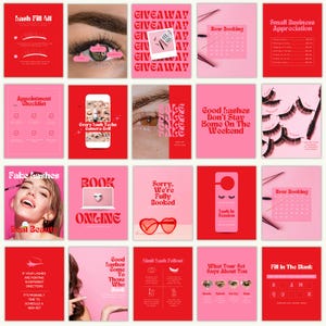 May include: A collection of pink and red promotional cards for lash services. The cards feature text like "Giveaway," "Now Booking," and "Fake Lashes." Some cards show images of eyes, lashes, and beauty tools. The overall theme is beauty and lash extensions.