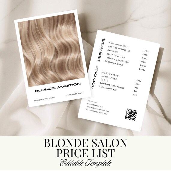 Blonde Salon Price List Template | Printable Beauty Business Service Menu | Hair Salon Marketing | Editable Template