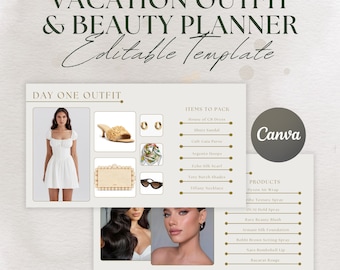 Vacation Outfit Planner and Beauty Inspo Checklist Editable Template | Outfit Mood Board | Canva Template Pages | Outfit Organizer