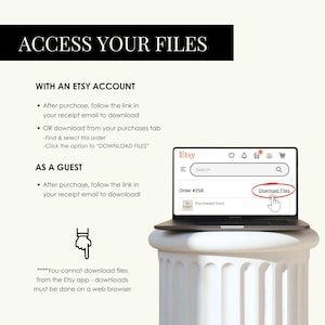Może przedstawiać: Obraz z tekstem: "UZYSKAJ DOSTĘP DO SWOICH PLIK&Oacute;W." Instrukcje dotyczące pobierania plik&oacute;w z Etsy po zakupie, w tym pobierania z wiadomości e-mail z potwierdzeniem lub zakładki zakupy. Ręka wskazuje przycisk "Pobierz pliki" w zam&oacute;wieniu Etsy.