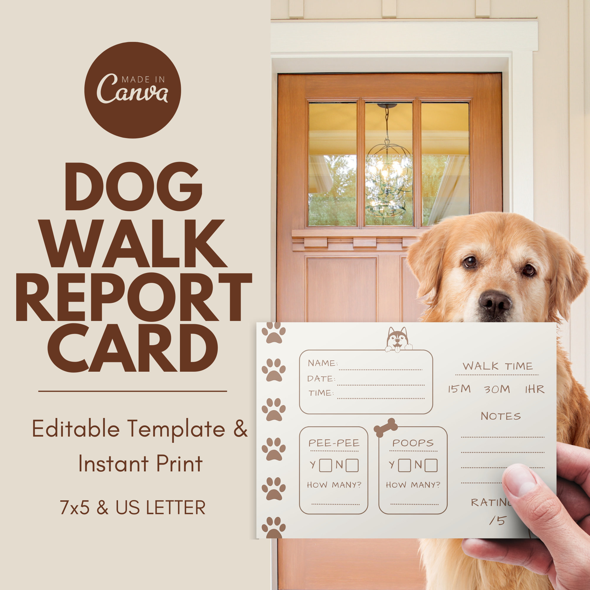 Scheda di valutazione per passeggiate con il cane / Modello modificabile / Scheda 7x5 / Download stampabile / Estetica del marchio neutra / Dog Walker e Pet Sitting