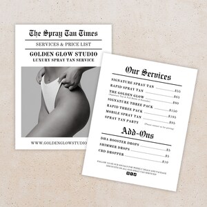 Lista de preços e menu de serviços do Spray Tan | Modelo de lista de preços editável | Estética de impressão de jornal | Panfleto frontal, traseiro e unilateral | 8,5x11