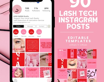 90 Lash Tech Editable Instagram Posts | Lash Business Social Media Content | Lash Lamination Infographics + | Cohesive IG Feed | Red & Pink